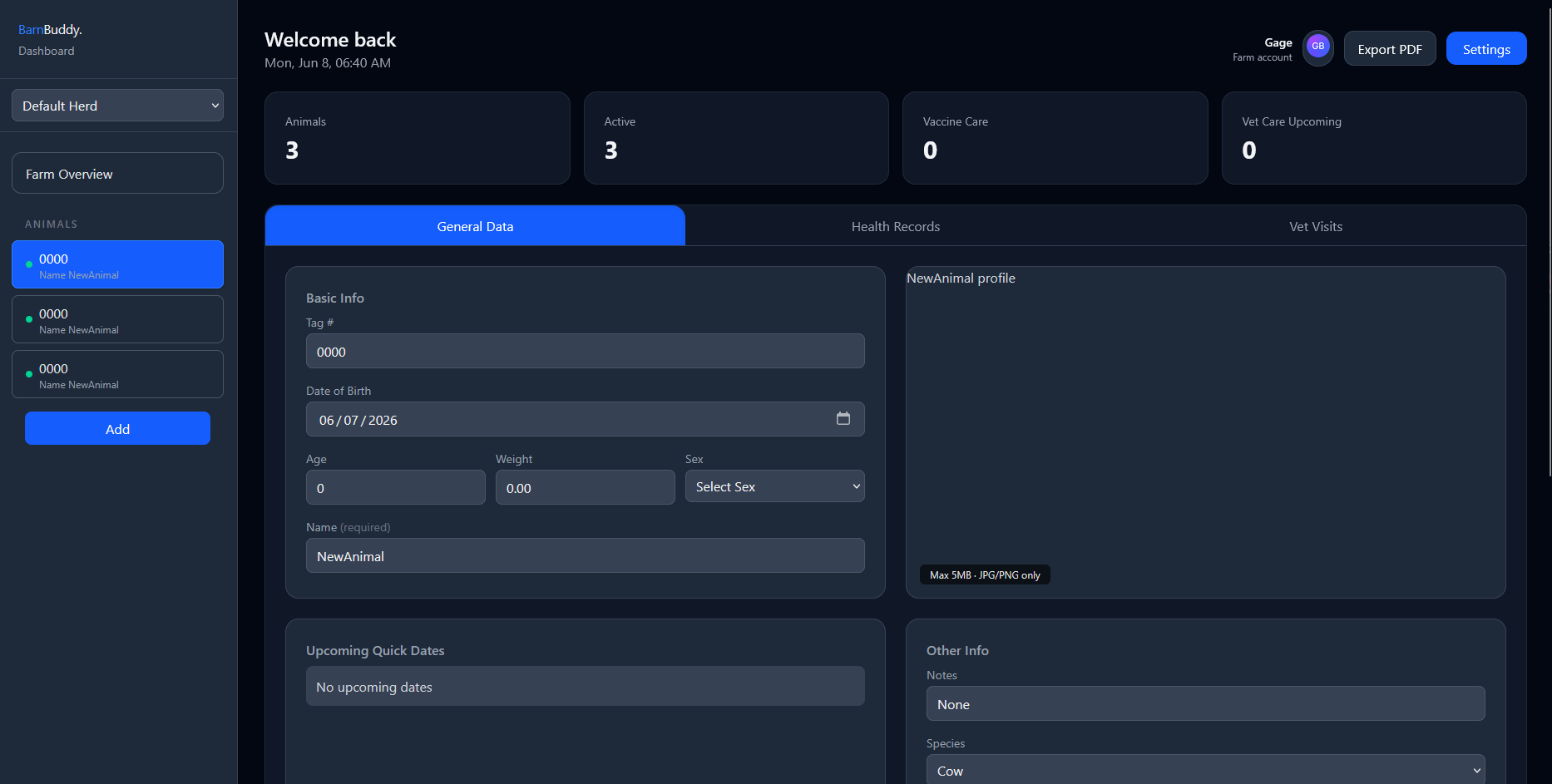 Animal General Data tab